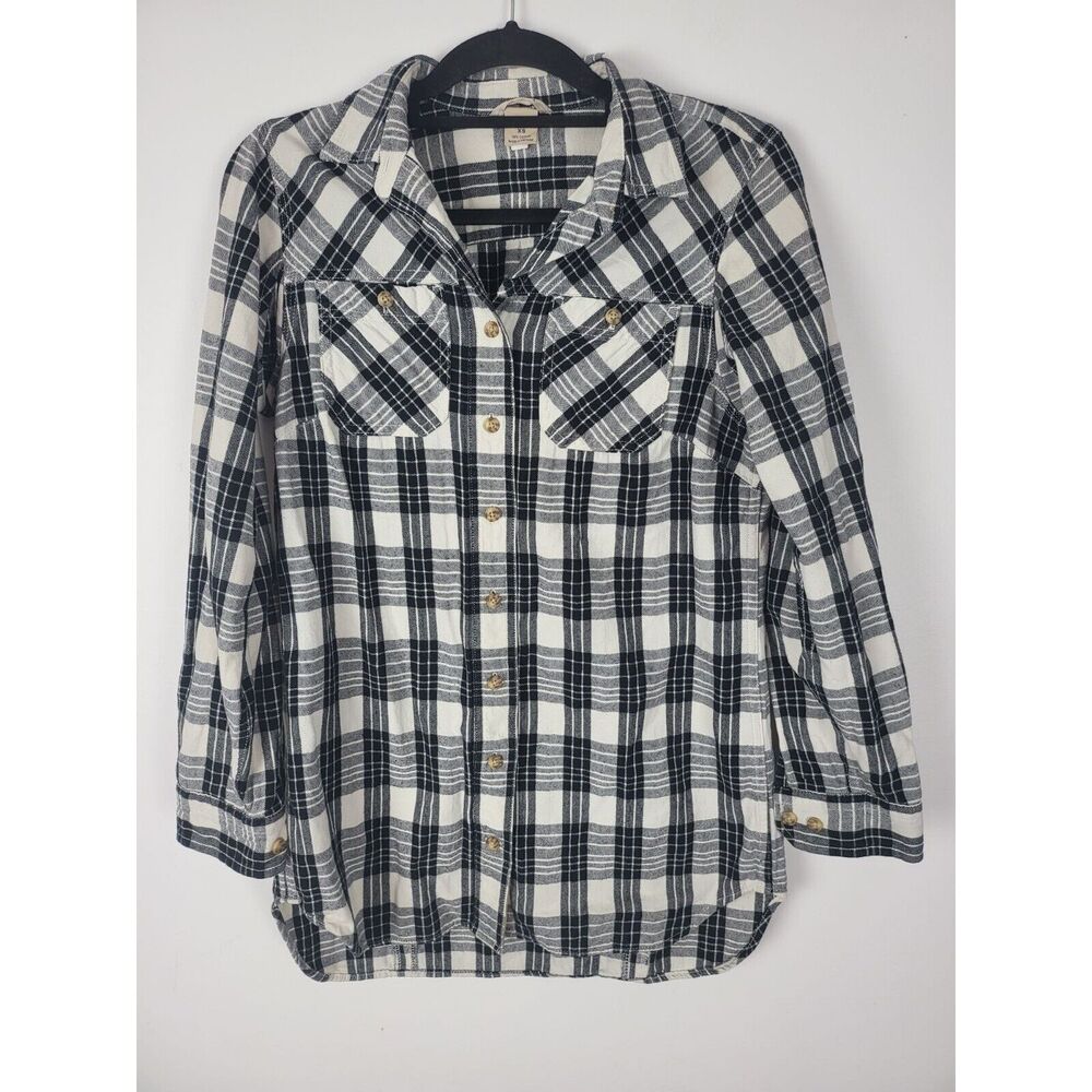 Duluth Trading Button‎ Front Top XS Womens Black White Long Sleeve 100% Cotton